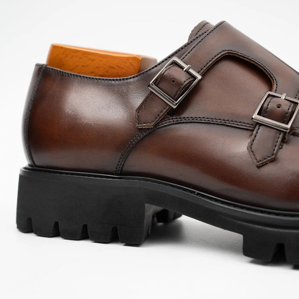 Brown Double Monk Strap Leather Shoes DIVINCH