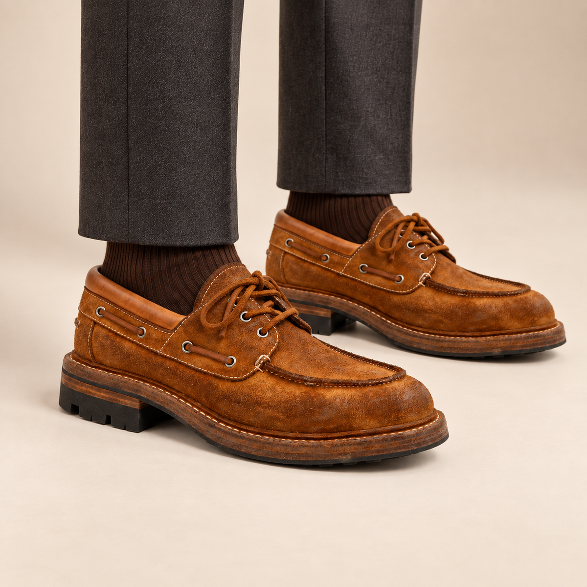 Textured Moc-Toe Lace-Up Shoe with Lug Sole on-foot hero