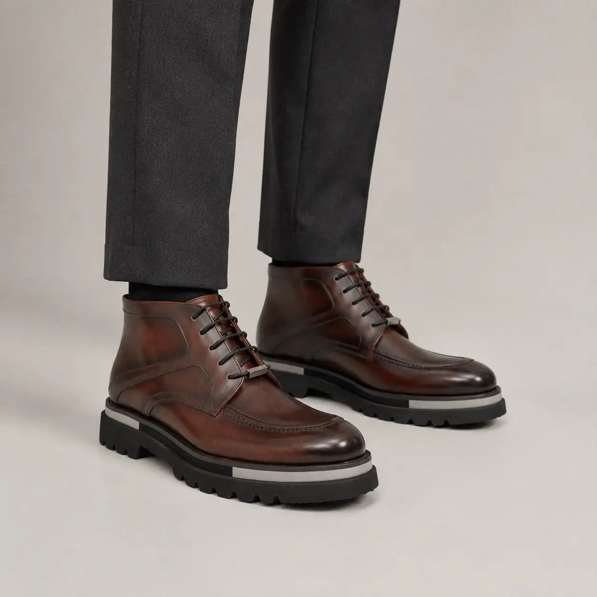 Brown Leather Lace-Up Ankle Boots on-foot product photo