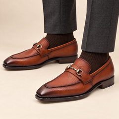 Brown Apron-Toe Loafers with Pebbled Texture