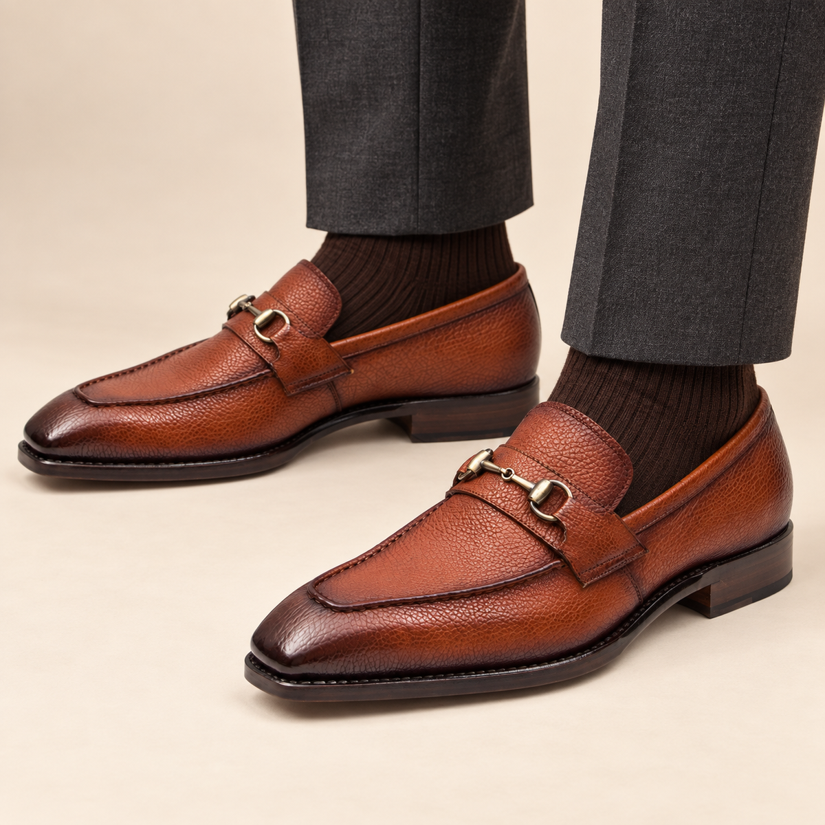 Brown Apron-Toe Loafers with Pebbled Texture