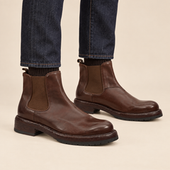 DIVINCH 261311A brown glossy treaded-sole plain-toe Chelsea ankle boots on foot