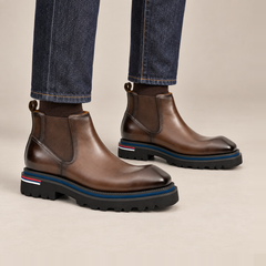 Brown Square-Toe Chelsea Boots with Pull Tab — on-foot studio view