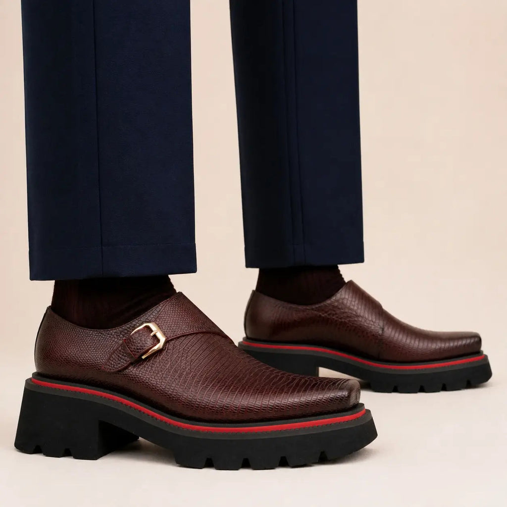 DIVINCH brown textured monk shoe with lug sole worn on foot