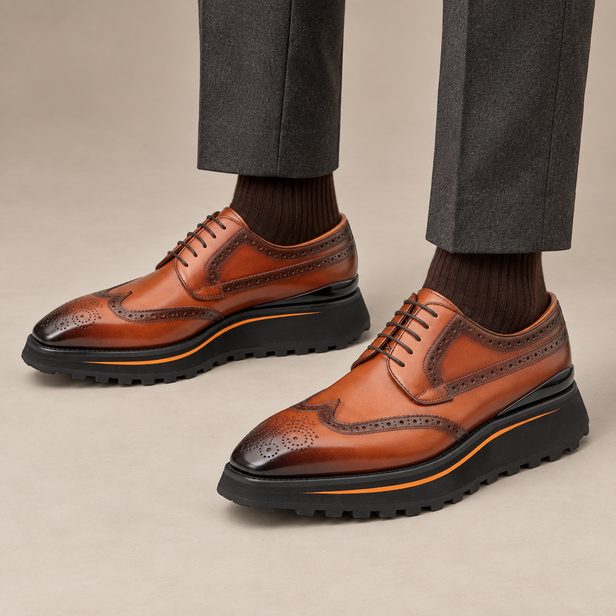 DIVINCH 2886A brown wingtip Derby shoes — balanced premium on-foot studio view
