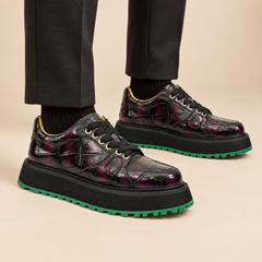 263001 black and burgundy-purple platform apron-toe low-top sneaker — balanced on-foot hero