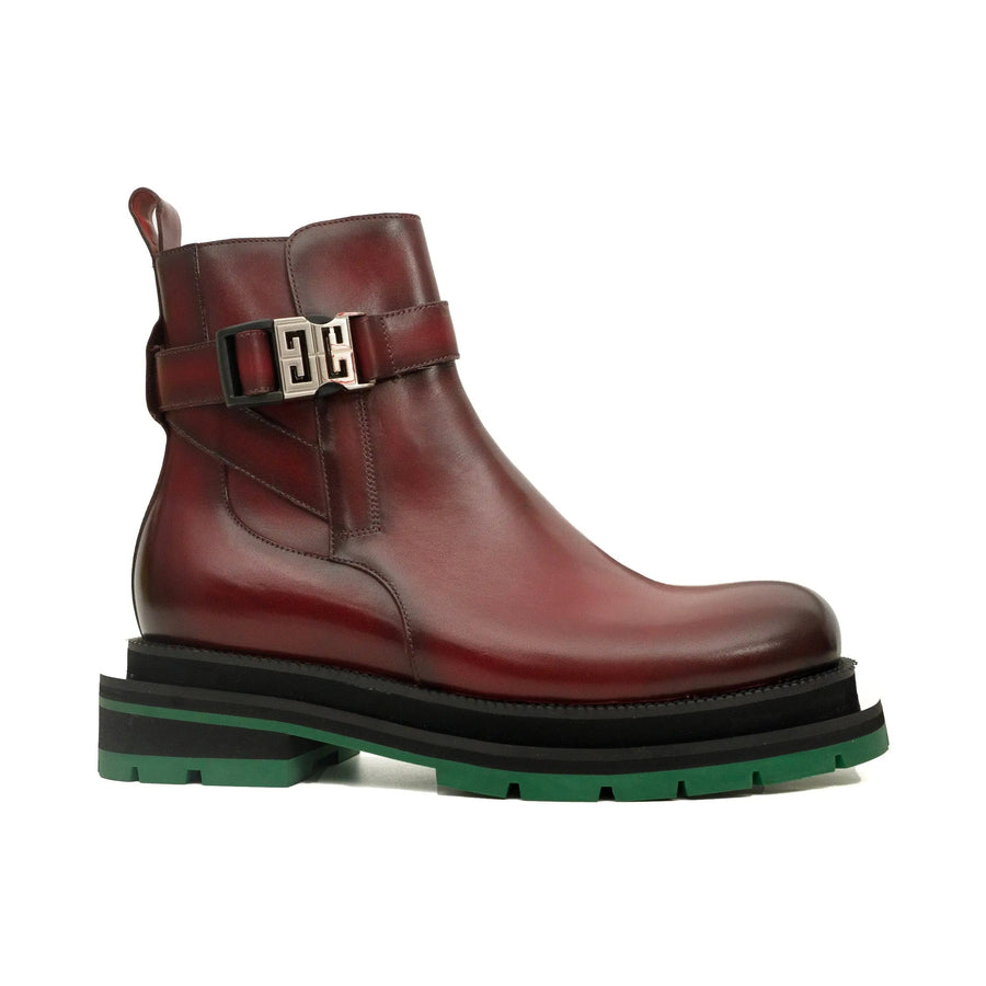 Burgundy Buckle Boots with Green Sole DIVINCH
