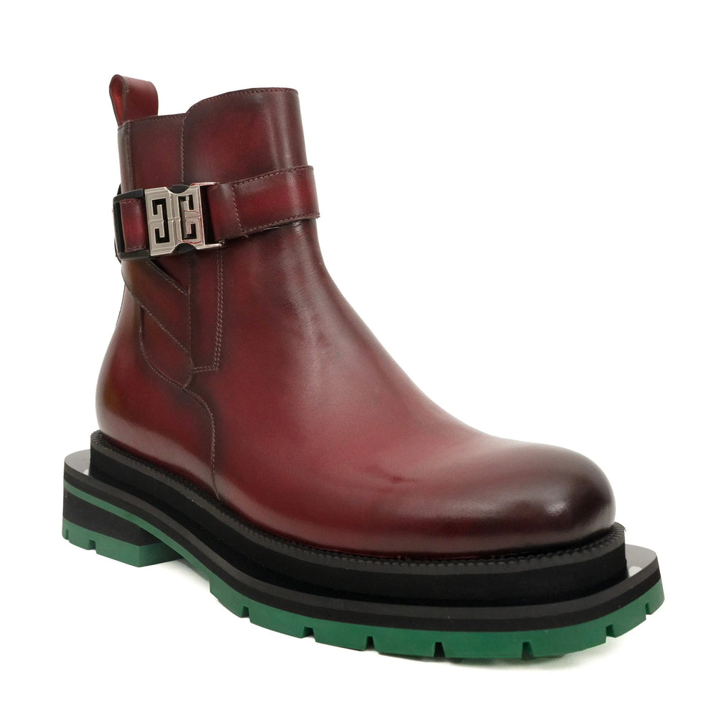 Burgundy Buckle Boots with Green Sole DIVINCH