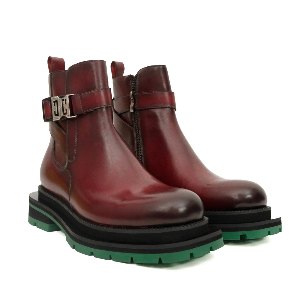 Burgundy Buckle Boots with Green Sole DIVINCH
