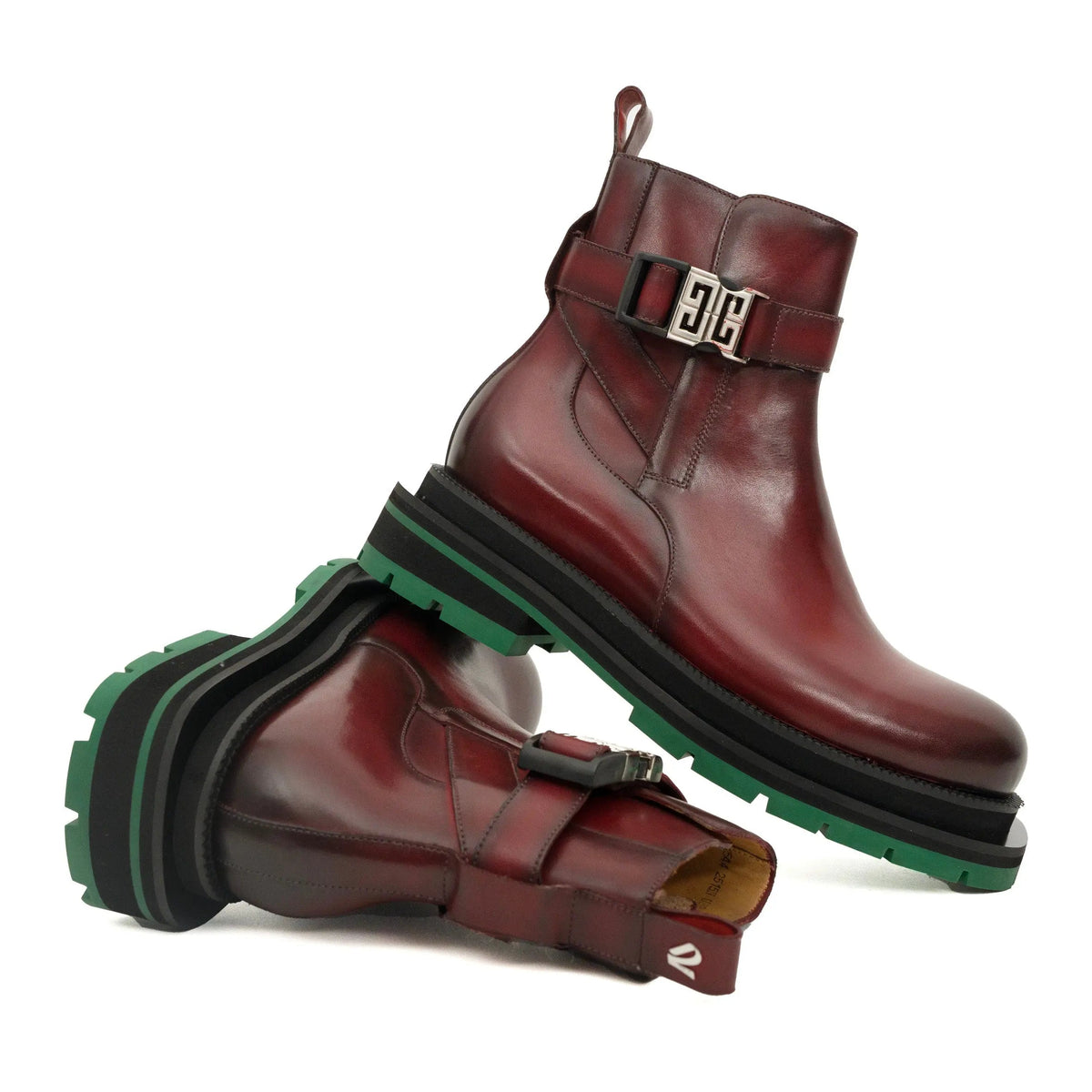 Burgundy Buckle Boots with Green Sole DIVINCH