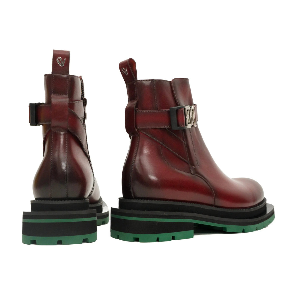 Burgundy Buckle Boots with Green Sole DIVINCH