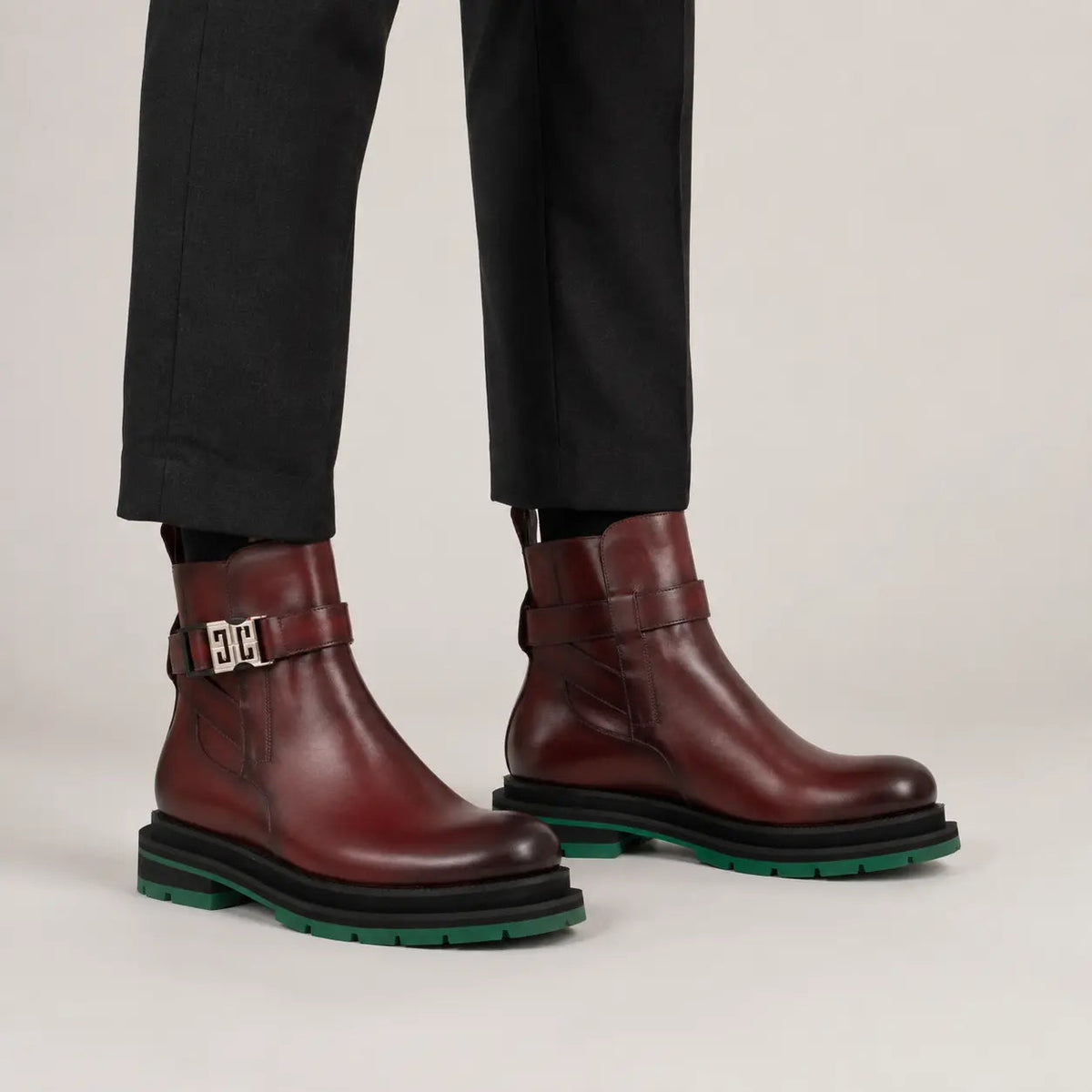 Burgundy Buckle Boots with Green Sole on-foot product photo