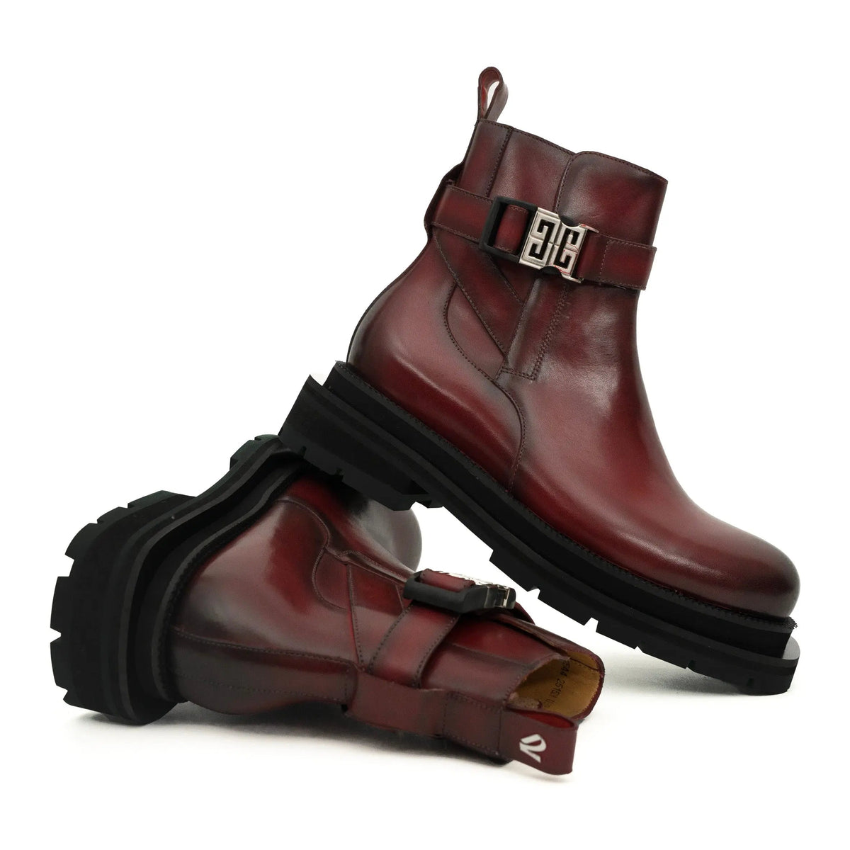 Burgundy Buckle Zip Ankle Boots DIVINCH