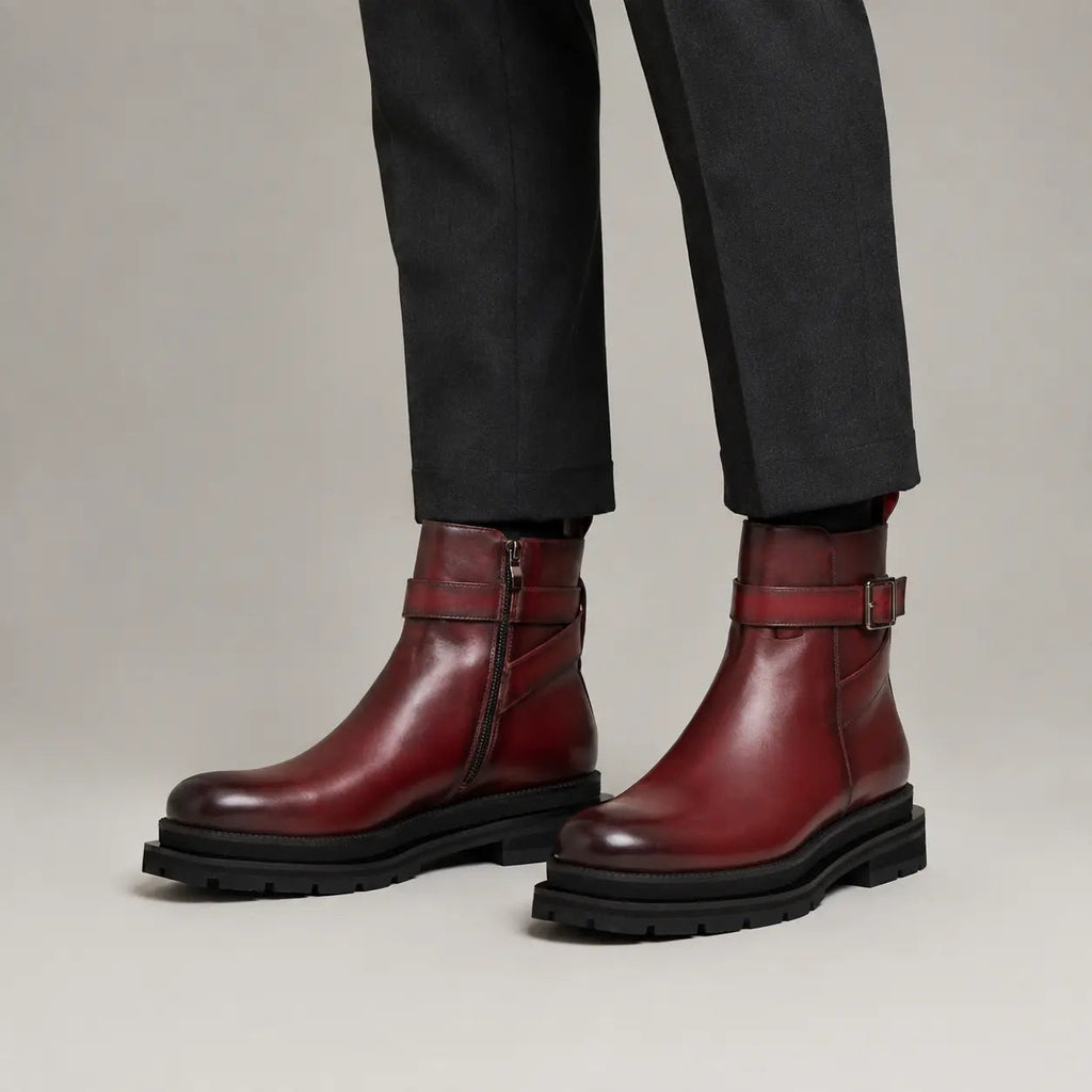 Burgundy Buckle Zip Ankle Boots on-foot product photo