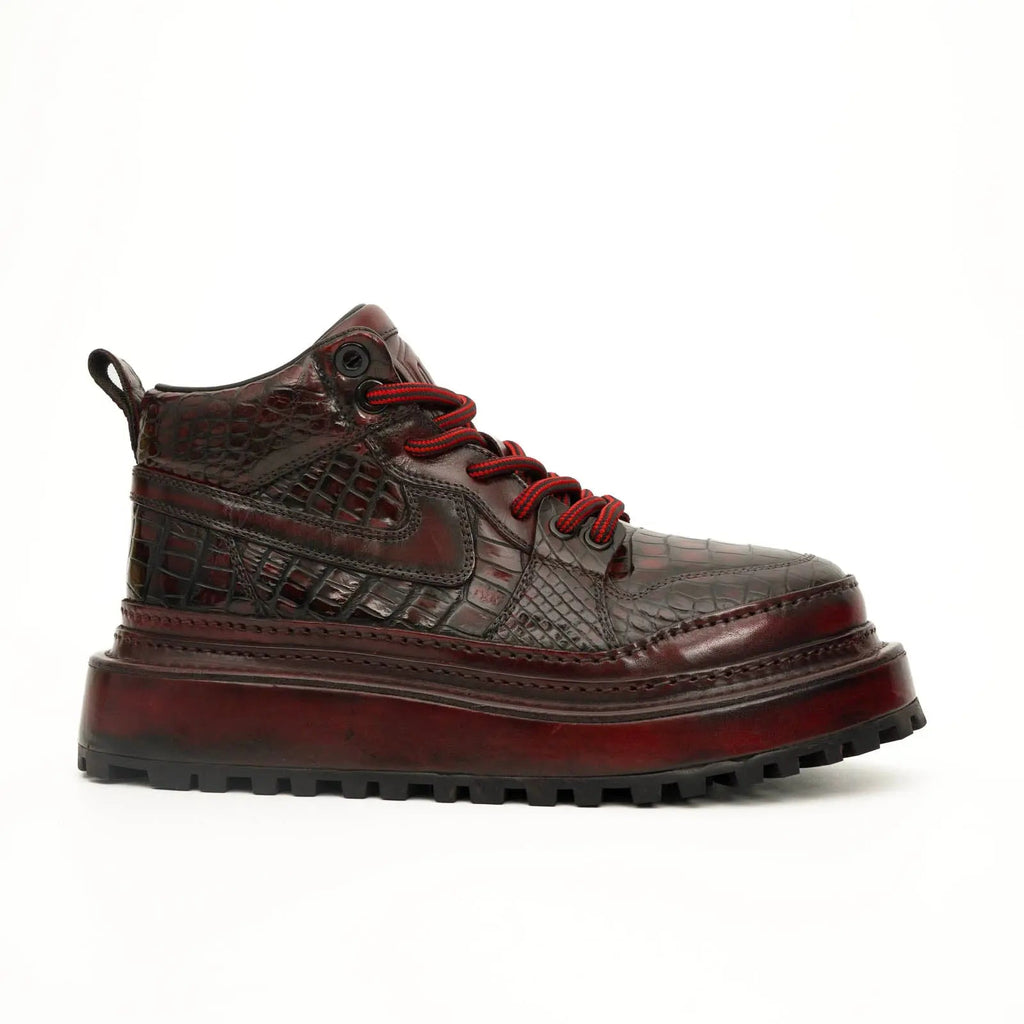 Burgundy Croc-Embossed Platform Boots DIVINCH