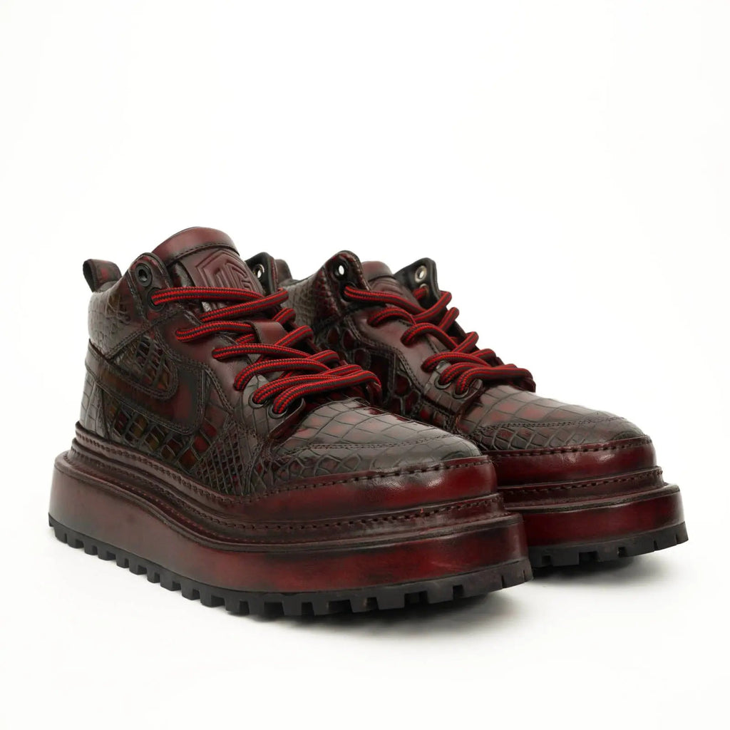 Burgundy Croc-Embossed Platform Boots DIVINCH