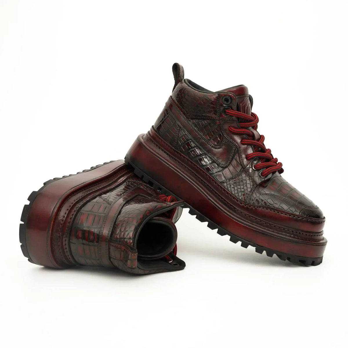 Burgundy Croc-Embossed Platform Boots DIVINCH