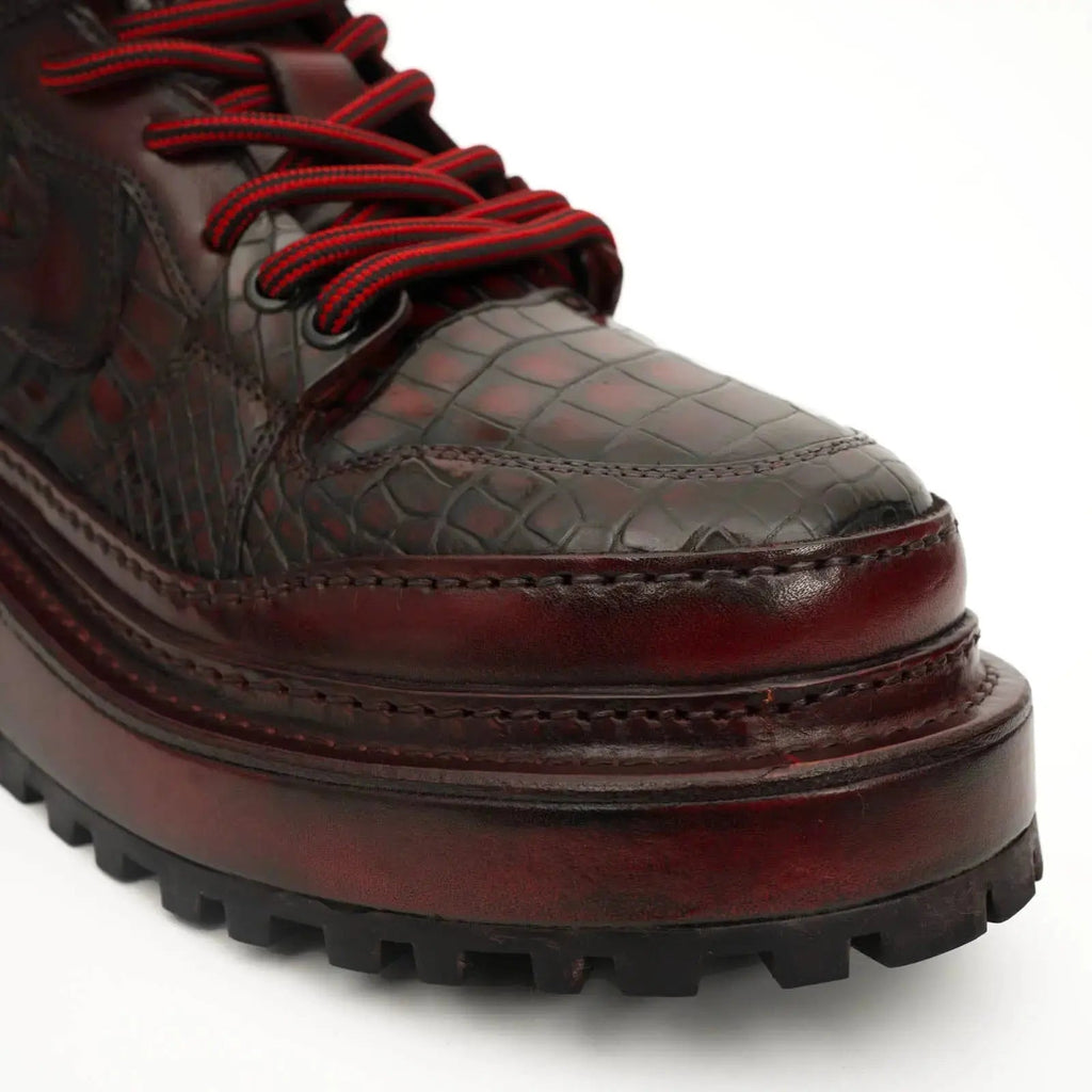 Burgundy Croc-Embossed Platform Boots DIVINCH