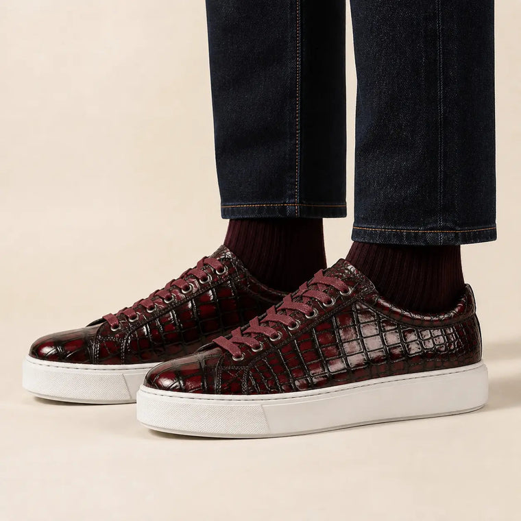 Burgundy and Black Glossy Textured Low-Top Sneaker