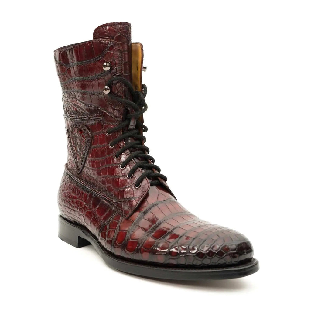 Burgundy Crocodile Lace-Up Boots DIVINCH