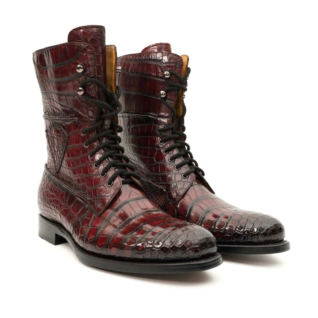 Burgundy Crocodile Lace-Up Boots DIVINCH