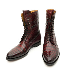 Burgundy Crocodile Lace-Up Boots DIVINCH