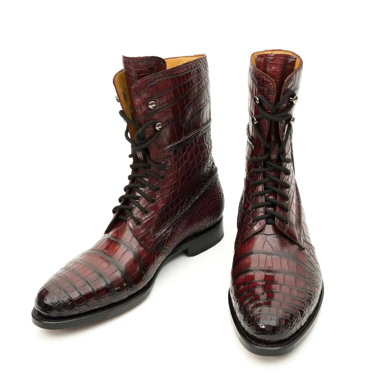 Burgundy Crocodile Lace-Up Boots DIVINCH
