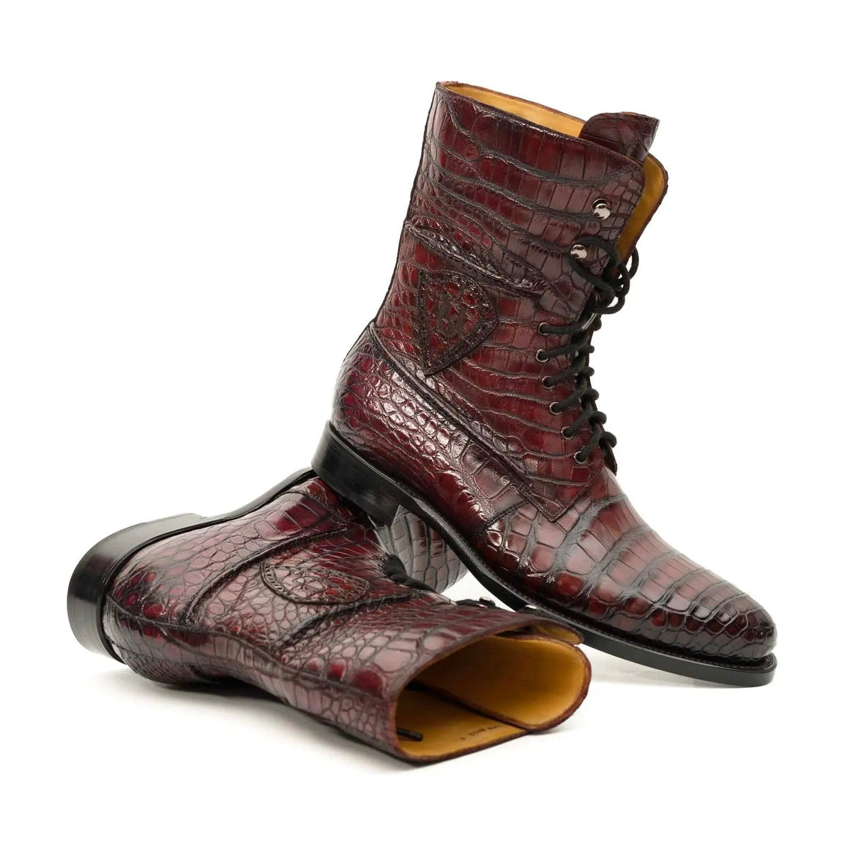 Burgundy Crocodile Lace-Up Boots DIVINCH