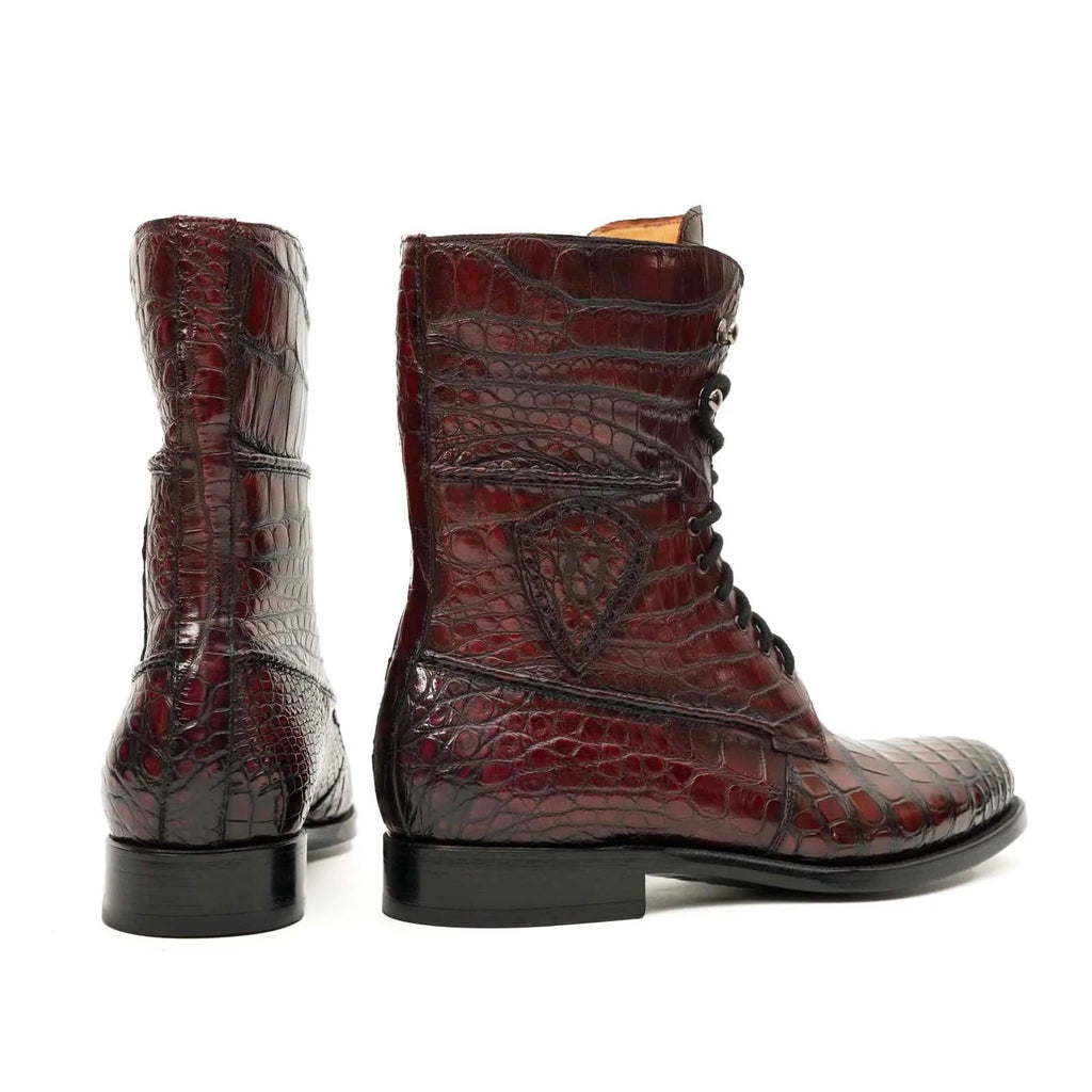 Burgundy Crocodile Lace-Up Boots DIVINCH