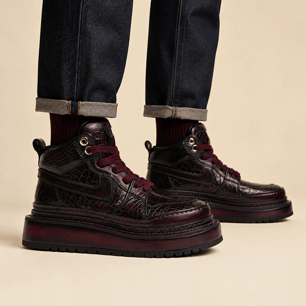 DIVINCH burgundy-black embossed platform high-top shoes worn on foot