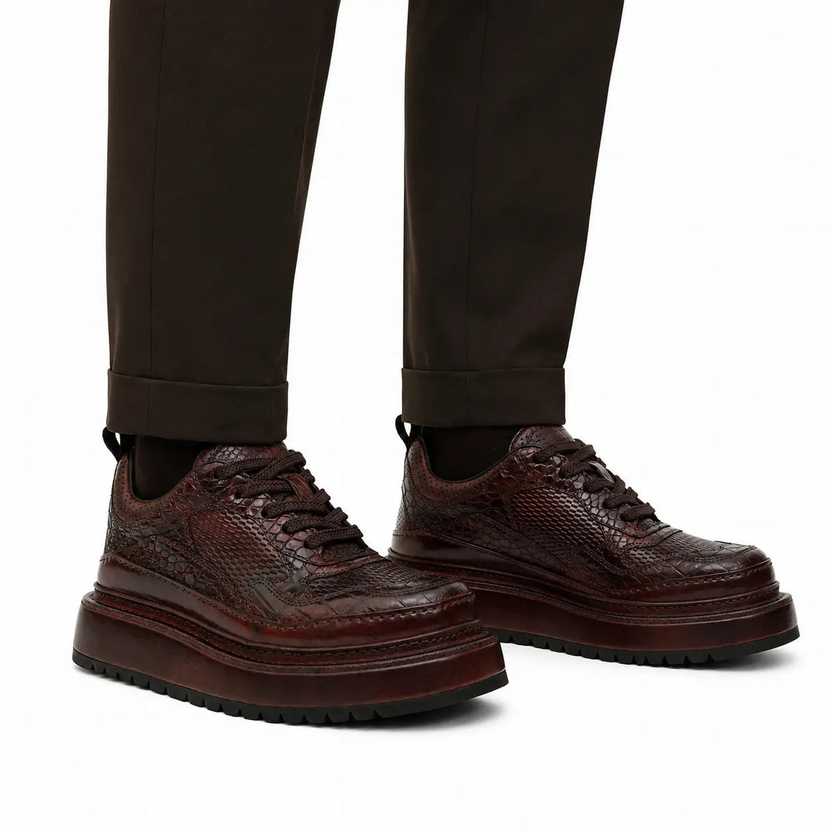 Burgundy Crocodile-Textured Platform Sneaker DIVINCH