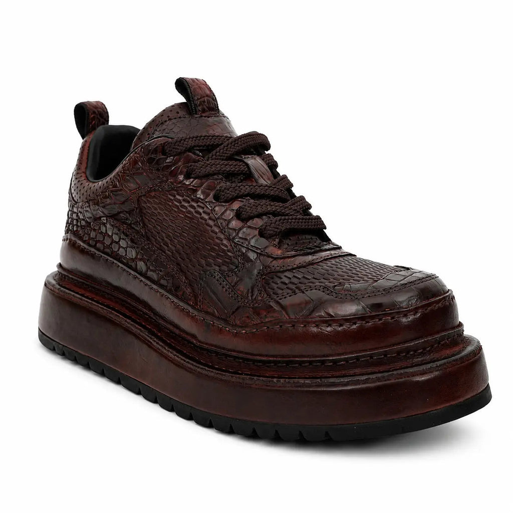 Burgundy Crocodile-Textured Platform Sneaker DIVINCH