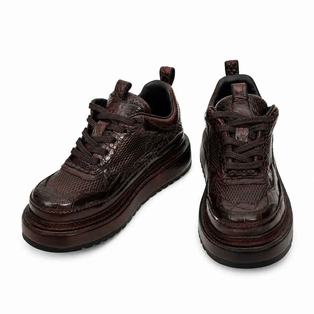 Burgundy Crocodile-Textured Platform Sneaker DIVINCH