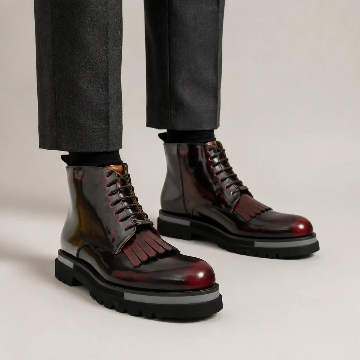 Burgundy Kiltie Lace-Up Ankle Boots on-foot product photo