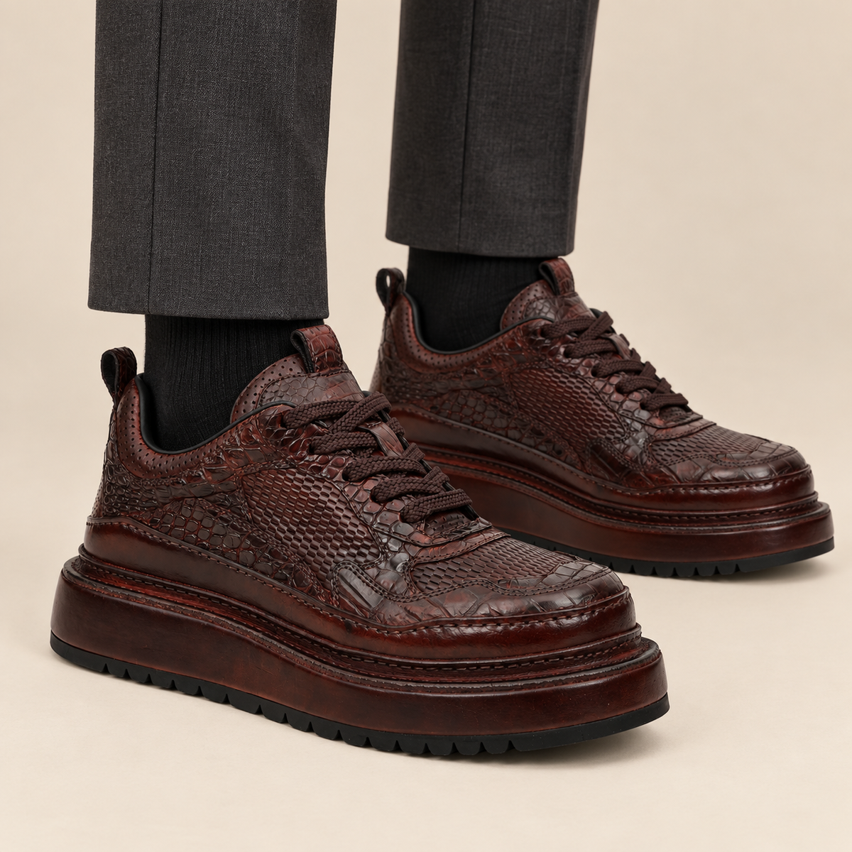 Burgundy crocodile leather platform sneakers on foot | DIVINCH 1009A