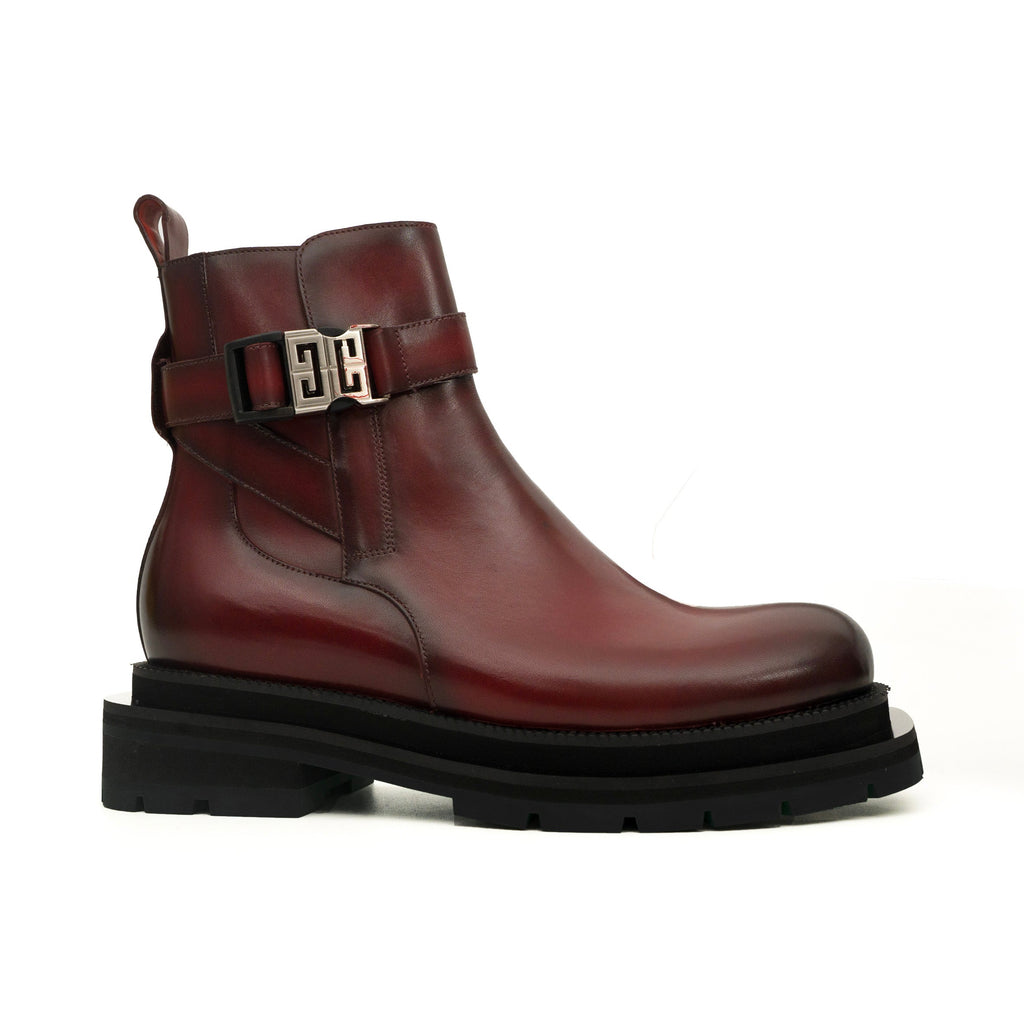 Burgundy Red Glossy Platform Plain-Toe Buckle Ankle Boot DIVINCH