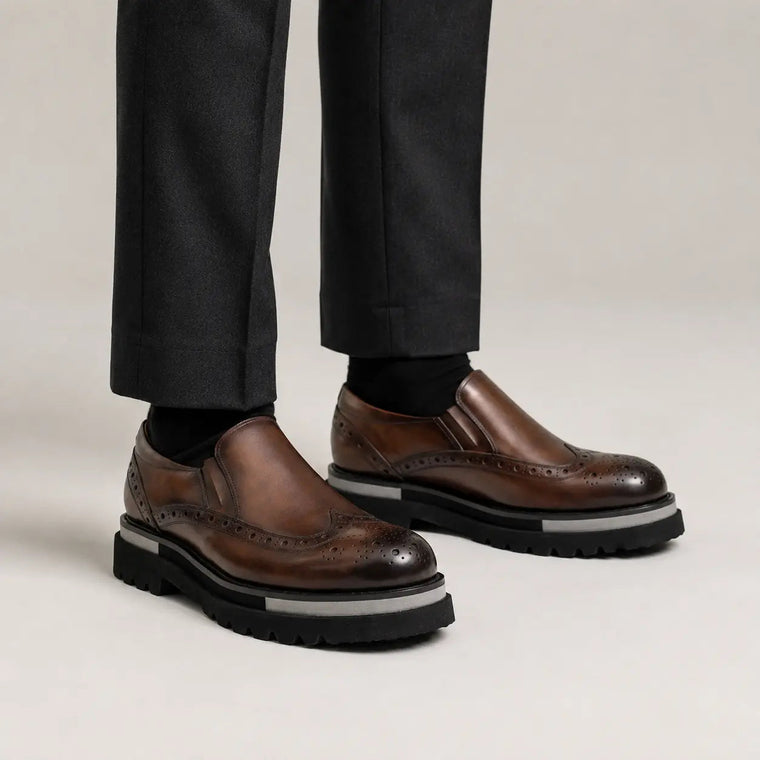 Shaded Brown Glossy Lug-Sole Wingtip Slip-on Shoe