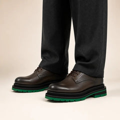 DIVINCH burnished brown green sole derby shoes on foot in warm studio