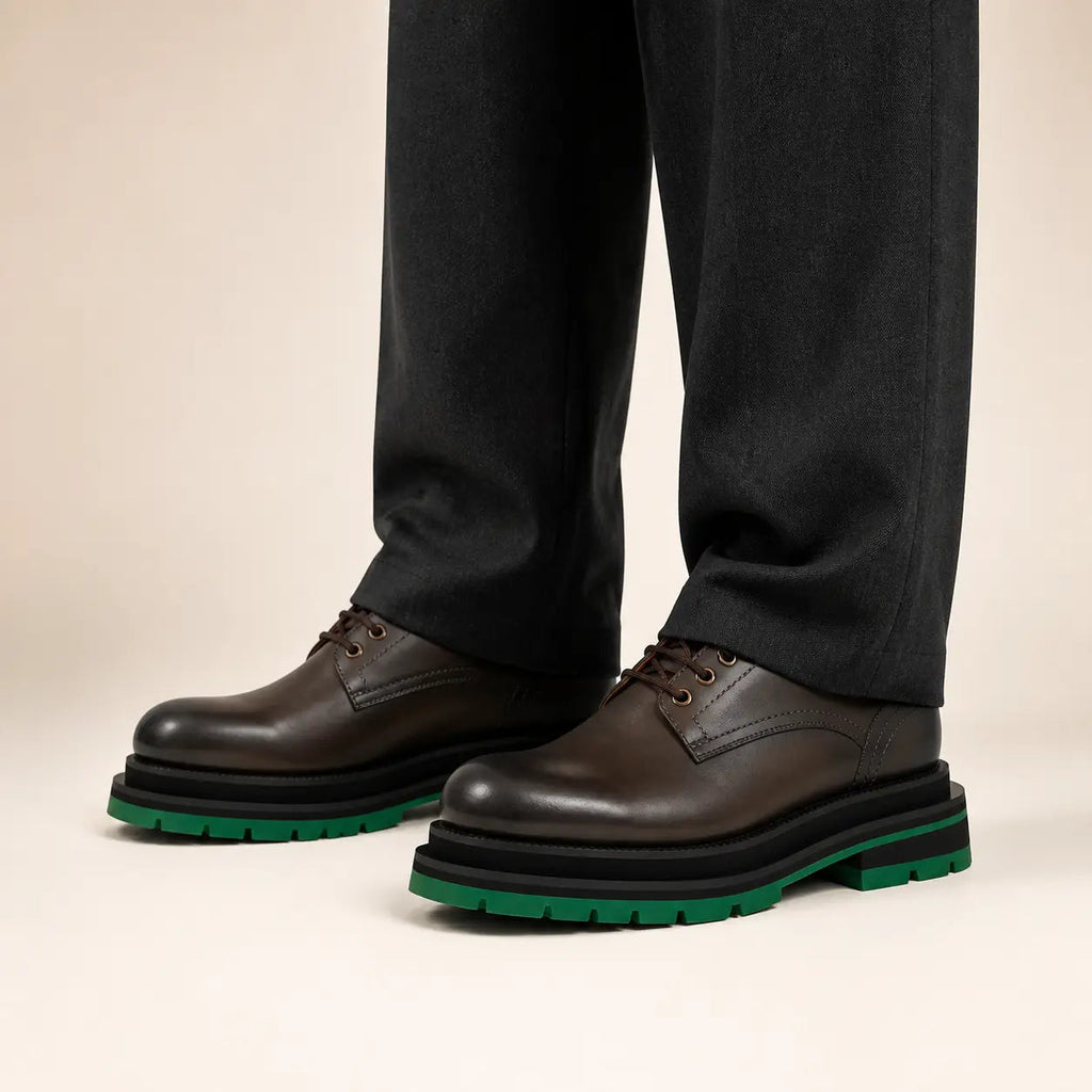DIVINCH burnished brown green sole derby shoes on foot in warm studio