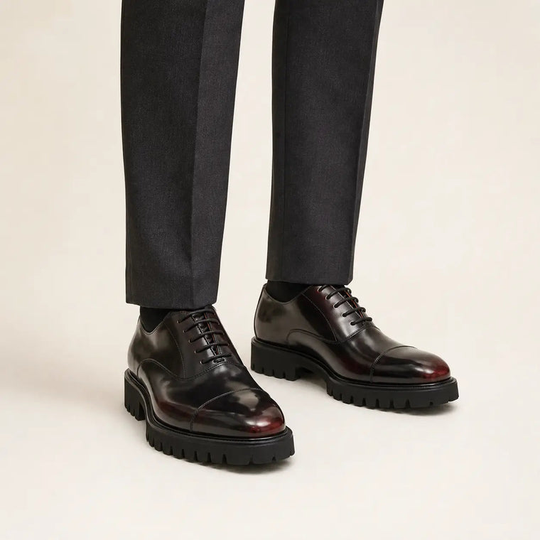 Burgundy-Shaded Black Glossy Lug-Sole Cap-Toe Oxford Shoe