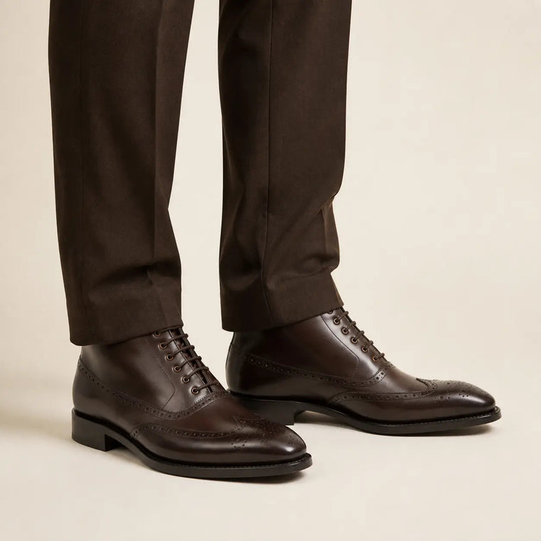 Dark Brown Square-Wingtip Ankle Boots with Side Zipper