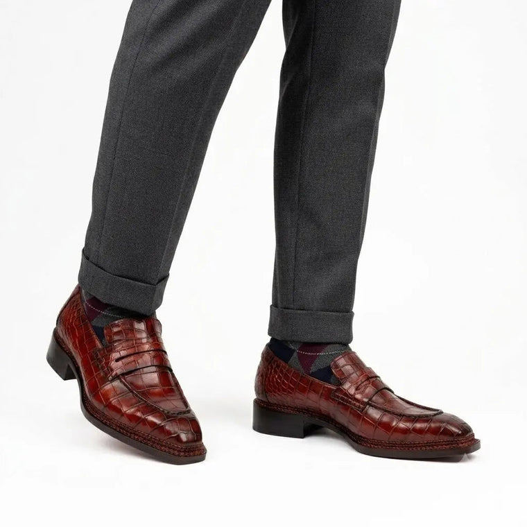 Red Shaded Brown Textured Apron-Toe Penny Loafer
