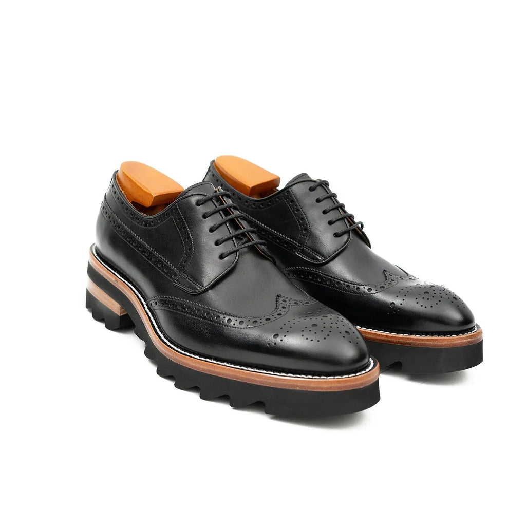 Calfskin Brogue Derby Shoes with Unique Leather Black Divinch