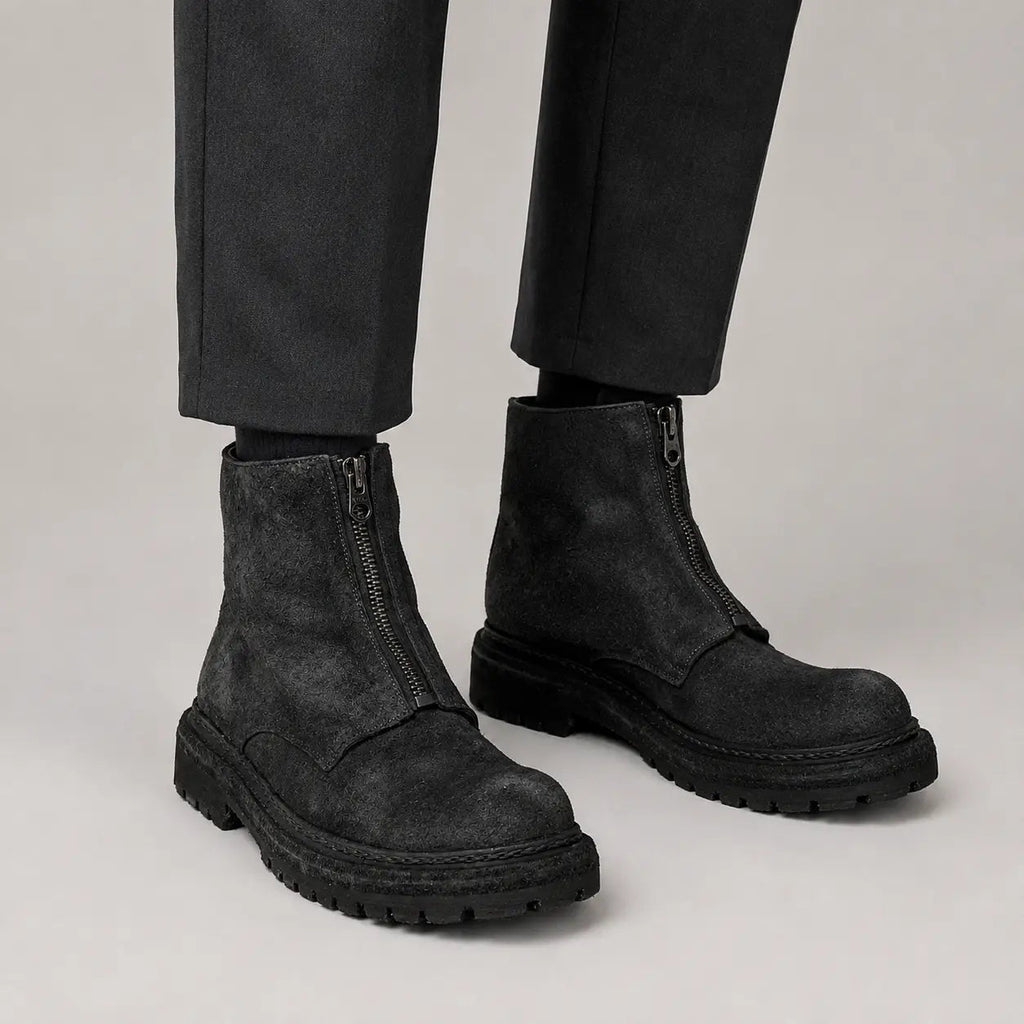 Charcoal Black Suede Zip Boots for Men on-foot product photo