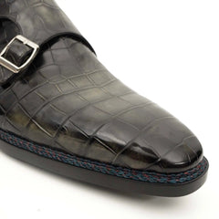 Charcoal Crocodile Double Monk Shoes DIVINCH