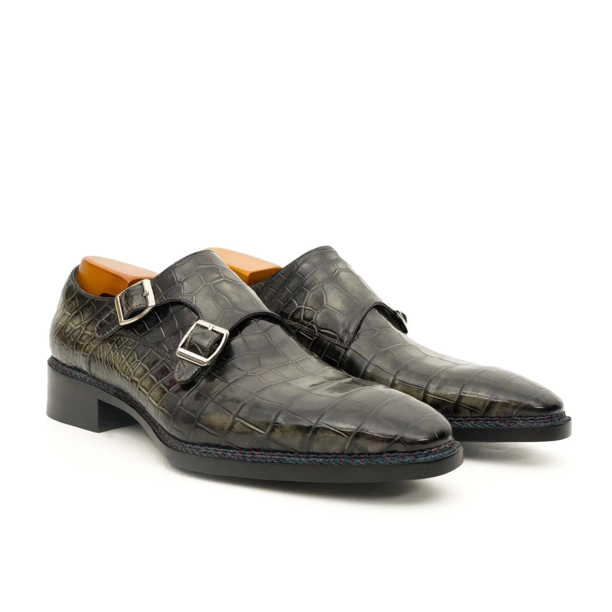 Charcoal Crocodile Double Monk Shoes DIVINCH