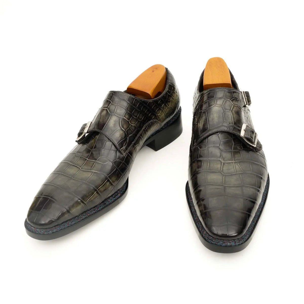 Charcoal Crocodile Double Monk Shoes DIVINCH