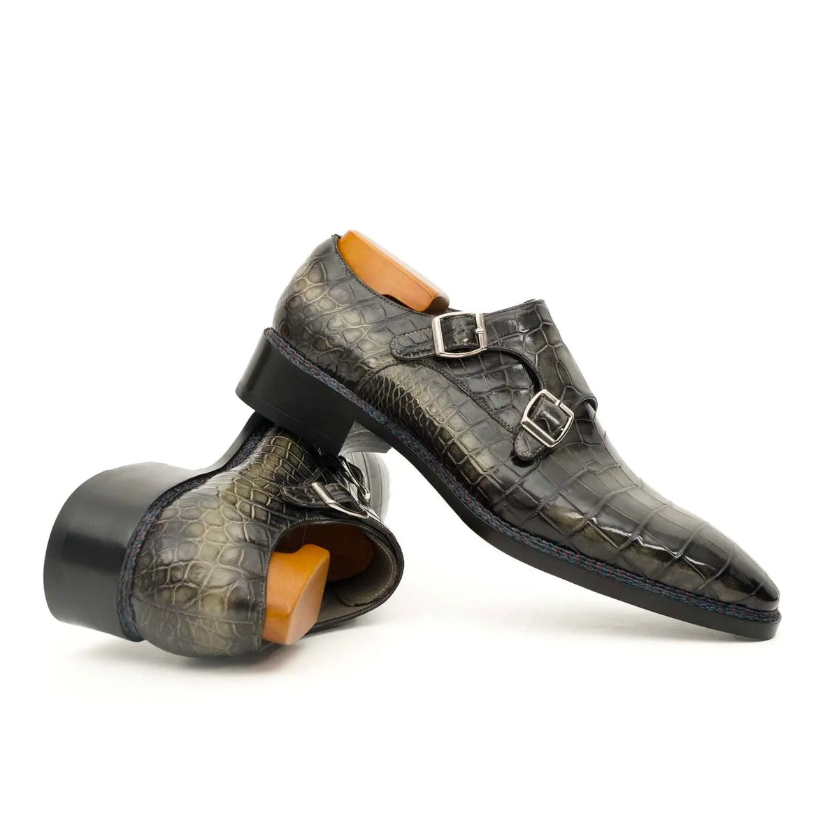 Charcoal Crocodile Double Monk Shoes DIVINCH