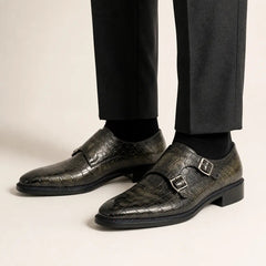 Charcoal crocodile leather double monk shoes on-foot studio photo