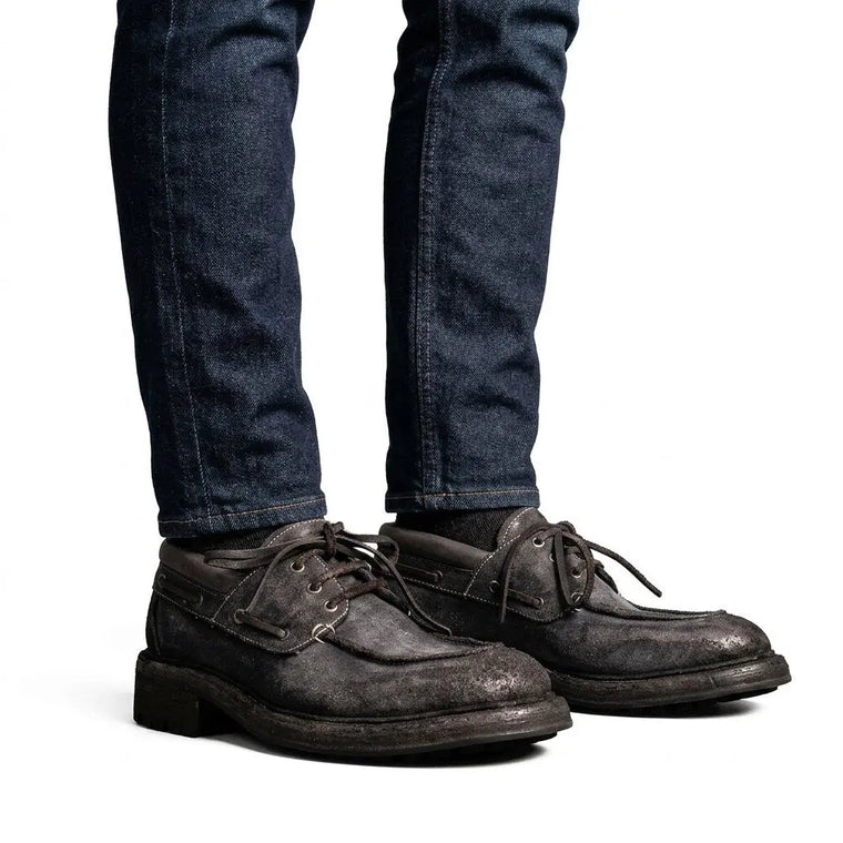 Charcoal Gray Textured Moc-Toe Lace-Up Shoe with Lug Sole
